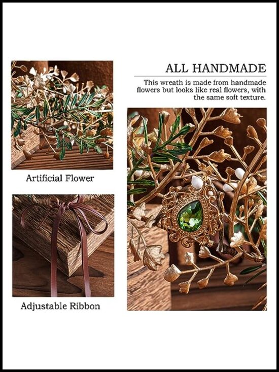 Woodland Fairy Flower Crown Handmade Leaf Elf Crown Headband with Rhinestone